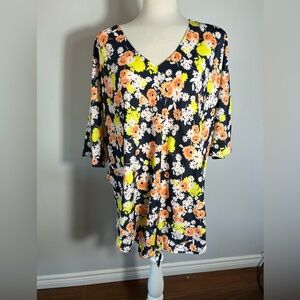Vibrant Floral V-Neck Tunic Top - Navy Orange & Neon Yellow - Plus Size  1X